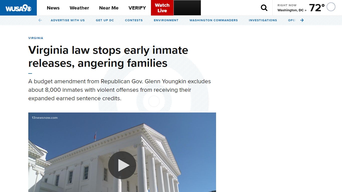 Virginia governor's amendment halts early inmate release - WUSA